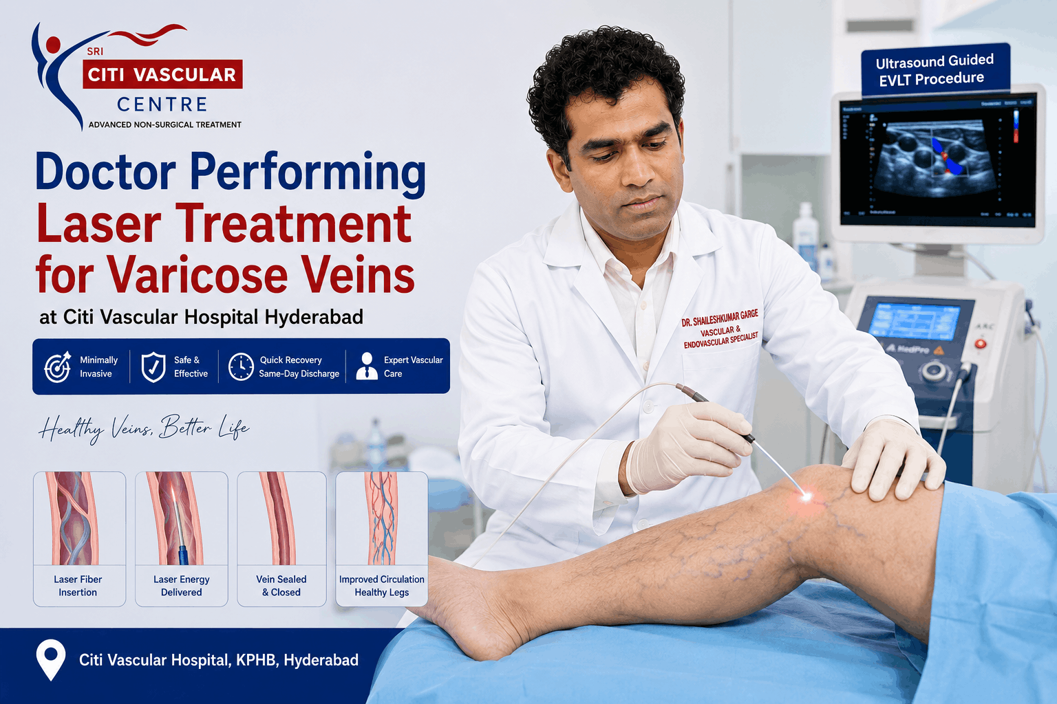 Doctor performing laser treatment for varicose veins at Citi Vascular Hospital Hyderabad 
