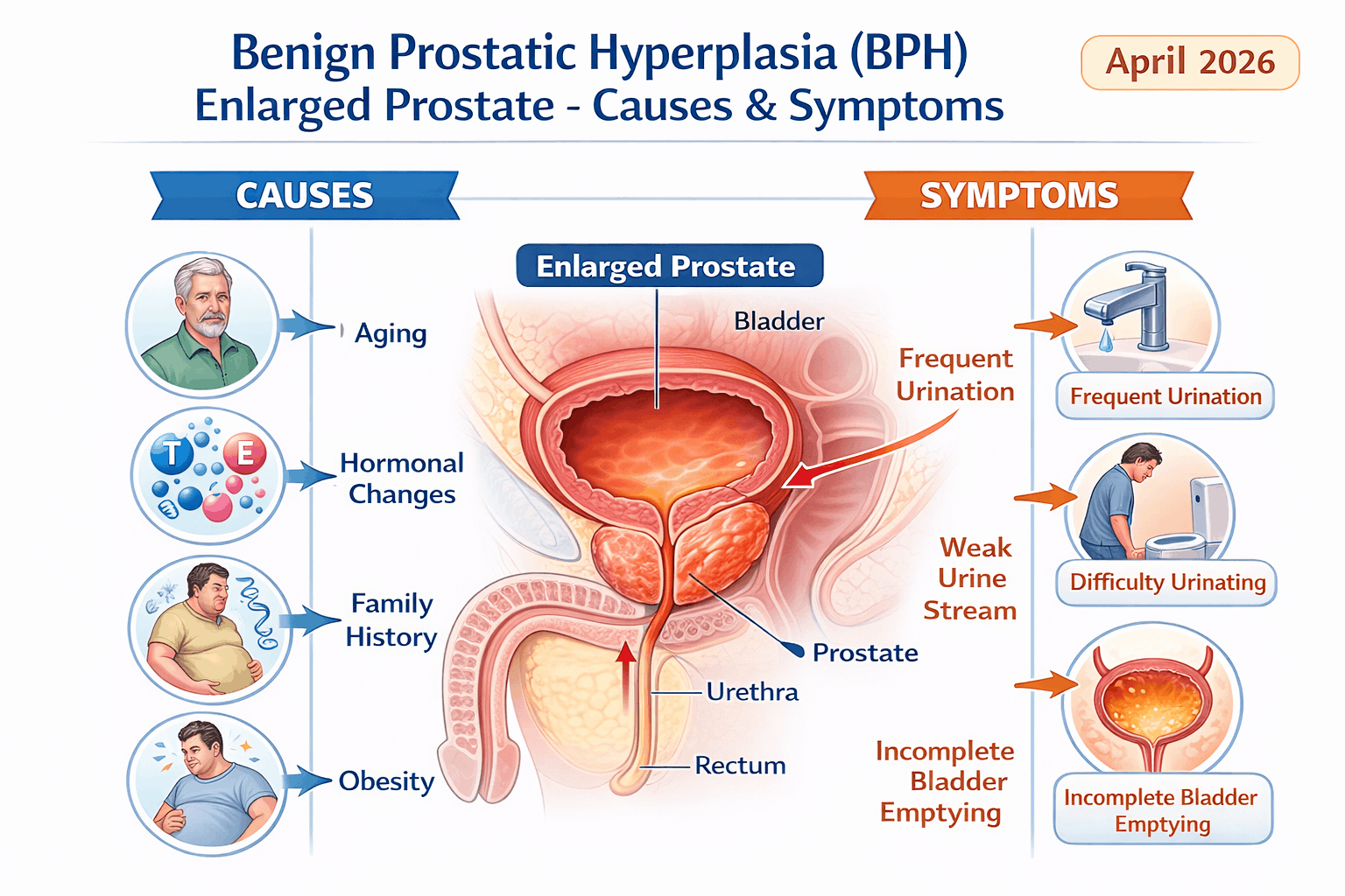Illustration of bph enlarged prostate pressing against the bladder and urethra