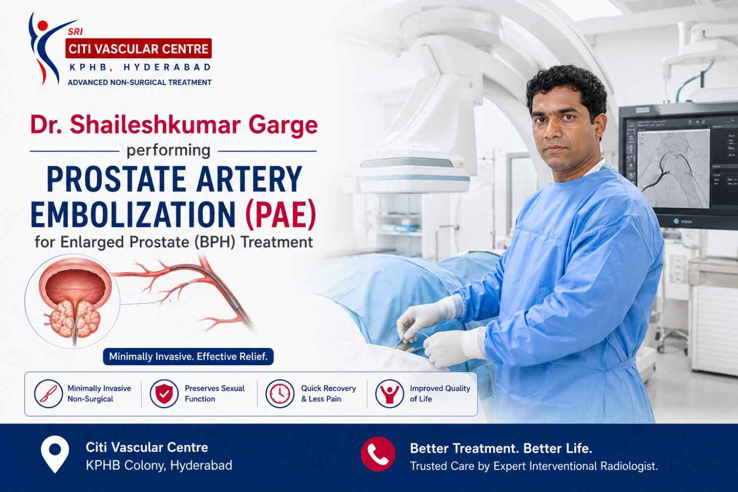 PAE procedure Hyderabad prostate artery embolization step by step how is PAE done Dr Garge Citi Vascular KPHB