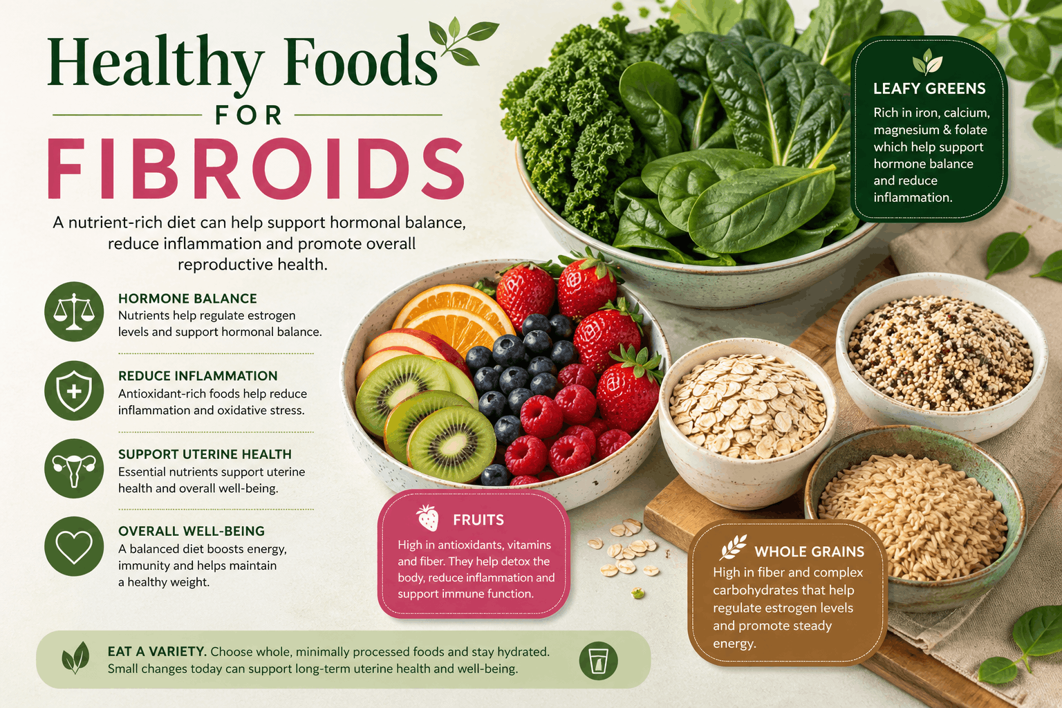 Healthy foods for fibroids including leafy greens, fruits, and whole grains 