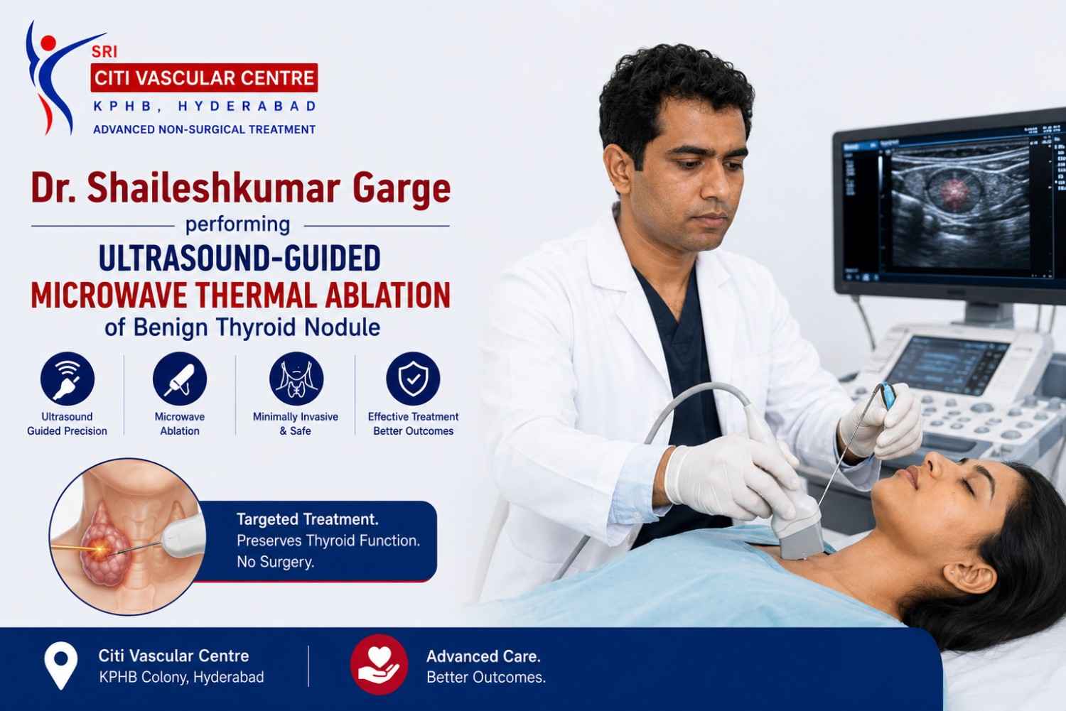 Dr. Shaileshkumar Garge performing ultrasound-guided microwave thermal ablation of benign thyroid nodule at Citi Vascular Centre KPHB Colony Hyderabad 2026