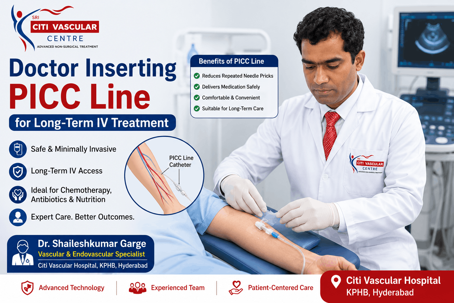 Doctor performing ultrasound-guided PICC line insertion at Citi Vascular Hospital Hyderabad