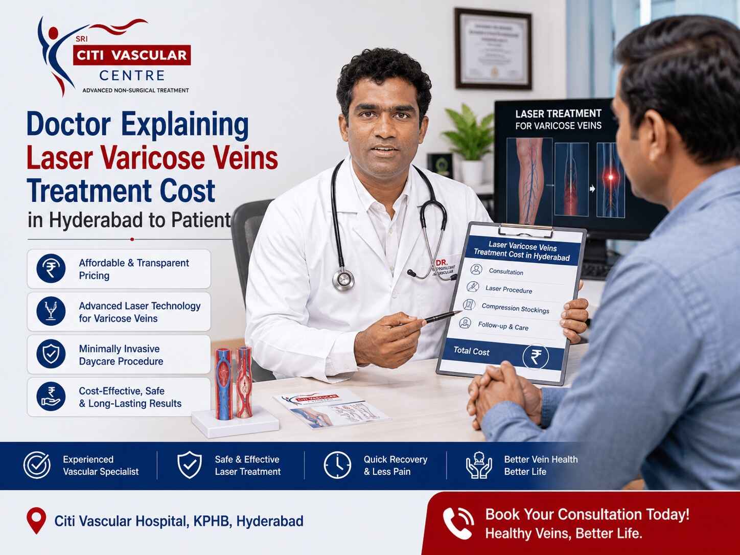 Doctor explaining varicose veins treatment cost in Hyderabad to patient
