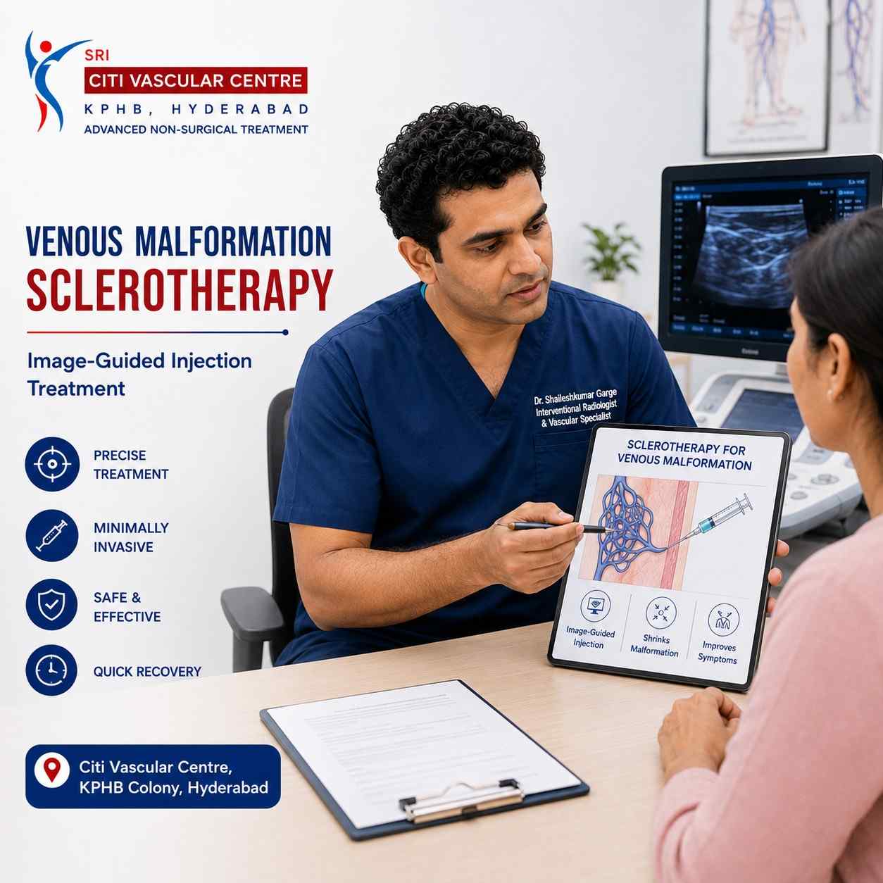 Image-guided sclerotherapy treatment for venous malformation performed under ultrasound guidance at Citi Vascular Centre KPHB Colony Hyderabad