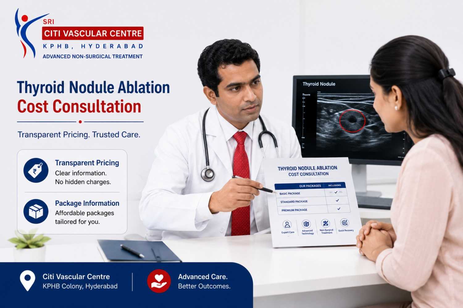 Patient receiving thyroid nodule ablation cost consultation at Citi Vascular Centre KPHB Colony Hyderabad with transparent pricing and package information