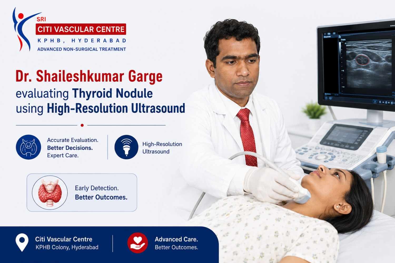 Dr. Shaileshkumar Garge evaluating thyroid nodule using high-resolution ultrasound at Citi Vascular Centre KPHB Colony Hyderabad 