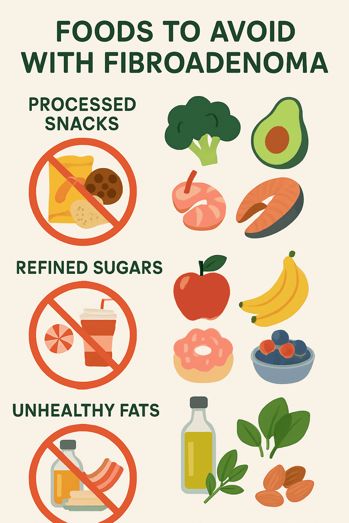 Foods to avoid with fibroadenoma, including processed snacks and refined sugars.
