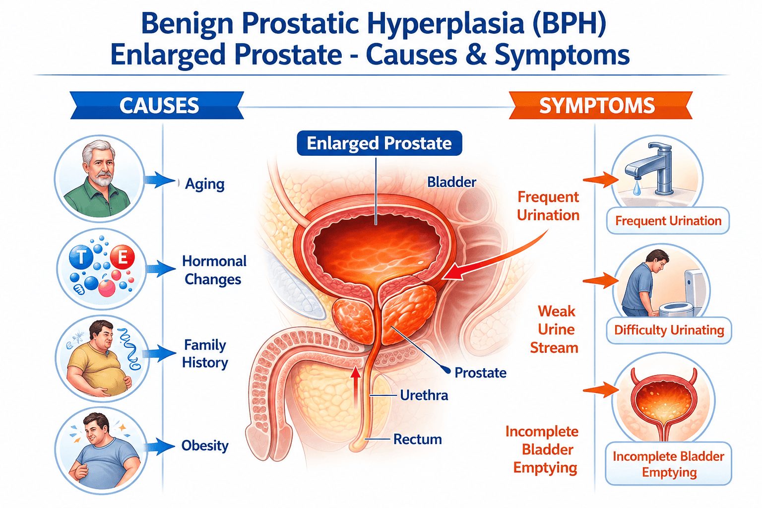 Illustration of bph enlarged prostate pressing against the bladder and urethra